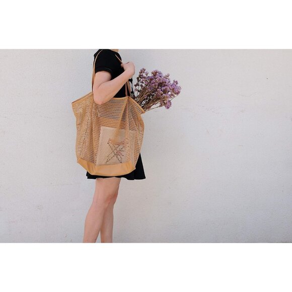 Women's Grey  Mesh Beach Tote Nylon/polyester No-closure Shoulder Hand Bag - Picture 6 of 6